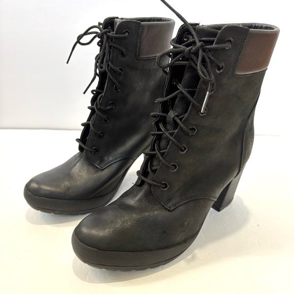 Timberland Allington Mid Lace-Up Block High Heel Black Leather Preppy Boot - Picture 5 of 15